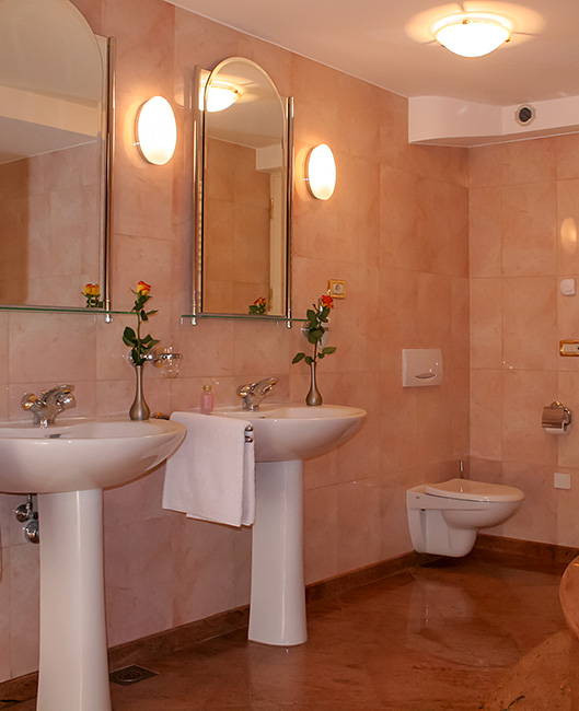 Elegant double washbasin in the Luxury Alpine Villa bathroom at Privillage Stare – B&B, Villa and Chalet Resort near Lake Bohinj in Triglav National Park.