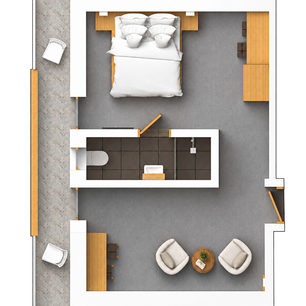 Floor plan of the Suite with Balcony at Privillage Stare, Lake Bohinj, featuring a double bed, seating area with two armchairs, desk, private bathroom with shower, and a balcony with outdoor seating.