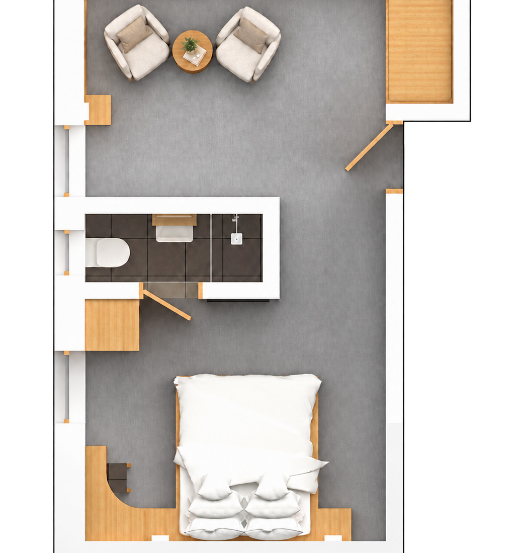 Floor plan of the Suite without Balcony at Privillage Stare, Lake Bohinj, featuring a double bed, seating area with two armchairs, desk, and private bathroom with shower.